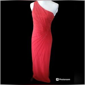 ❤️‍🔥 Niki Lavis Sz 14 RED Beaded One-Shoulder Formal Gala Ball Prom Dress w Slit